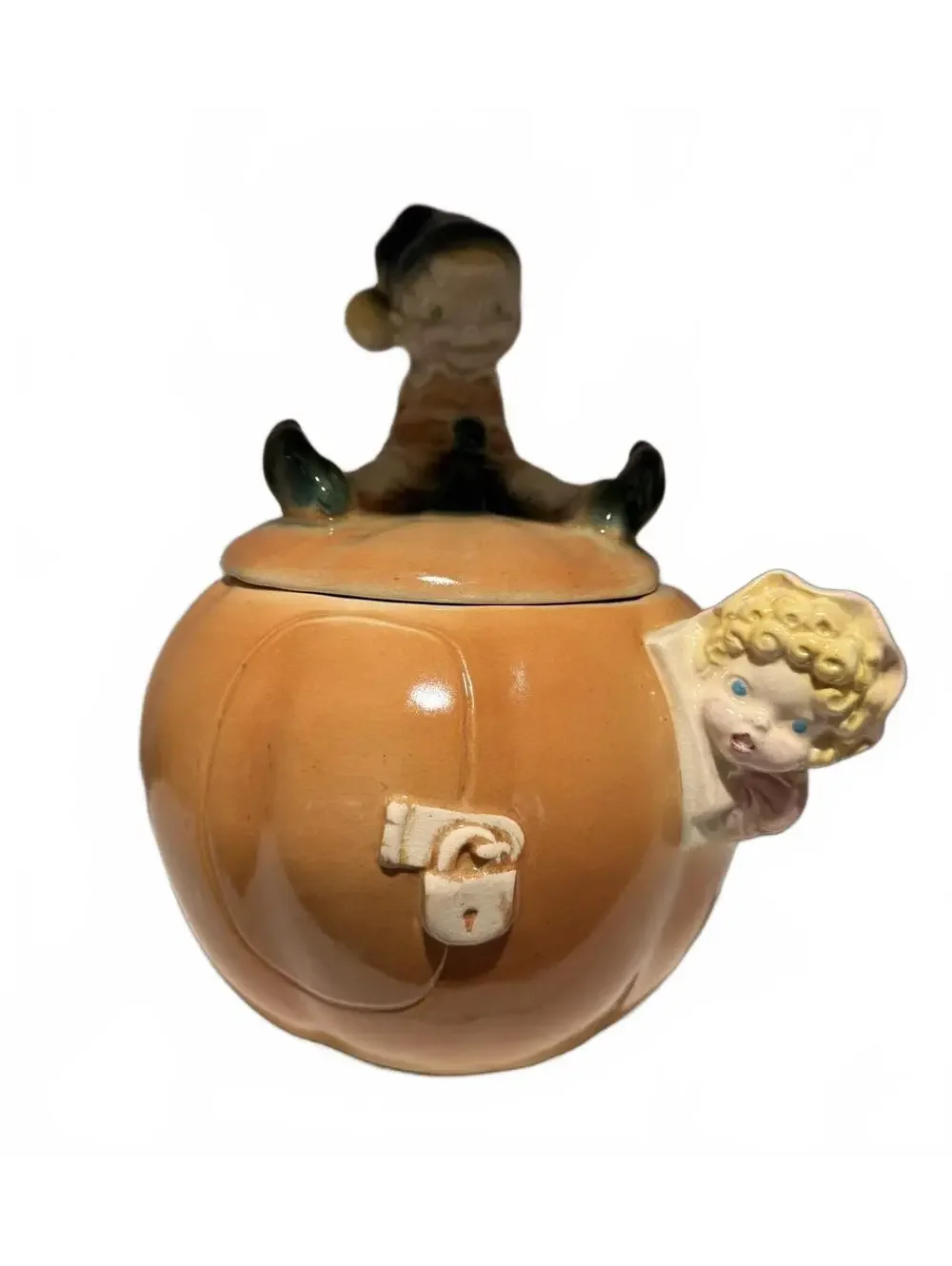 Vintage Mid-Century Elf in Pumpkin Cookie Jar -W24 USA Mark Peter Pumpkin Eater